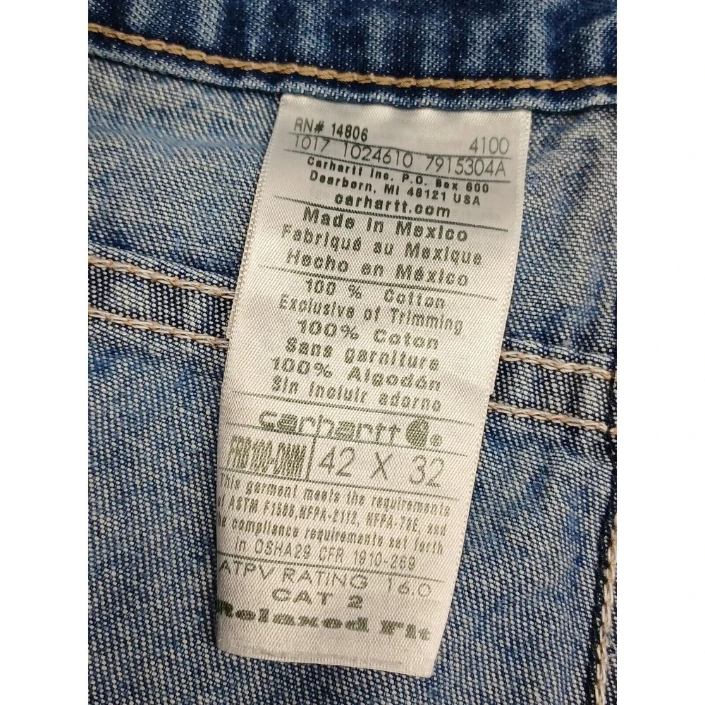 Carhartt Mens Straight Leg Relaxed Fit Jeans Blue Denim Distressed 42x32 #2112